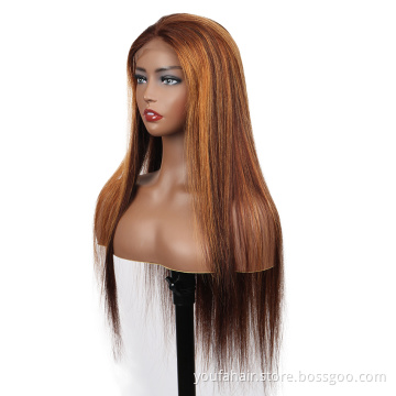 Wholesale Human Hair Ombre Highlight 4*4 HD Lace Closure Wig Mixed Color 4/27 Piano Color Hair Lace Front Wig For Black Woman